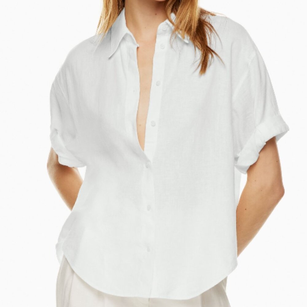Aritzia Babaton Hepburn Linen White Button Up Short Sleeve Shirt